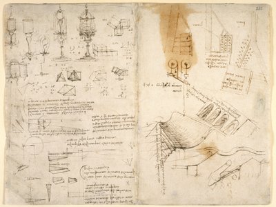 Arundel 263， f.283v， f.282 铰链灯草图；机械笔记；数学计算；几何草图（纸张上的钢笔和墨水） 作者 达芬奇（Leonardo da Vinci）
