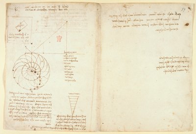 Arundel 263 f.44v，f.59 一张脸部轮廓的眼睛和鼻子素描；关于水的注释，选自 "Codex Arundel"（纸上的钢笔和墨水）。 作者 达芬奇（Leonardo da Vinci）