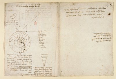 Arundel 263，f.44v，f.59 一张脸部轮廓的眼睛和鼻子素描；关于水的注释，选自 "Codex Arundel"（纸上的钢笔和墨水）。 作者 达芬奇（Leonardo da Vinci）