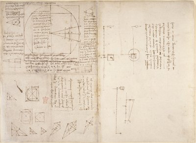 Arundel 263，f.72v，f.69 关于力学和重心的注释和图表，出自 "Codex Arundel"，约 1503-5（纸上钢笔和墨水）。 作者 达芬奇（Leonardo da Vinci）
