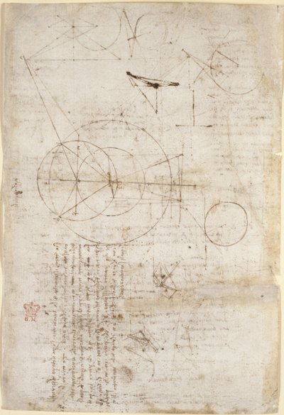 Arundel 263, f.95v 关于光学的注释和图表，涉及 Alhazen 的问题；两幅表现晶格结构的草图，出自 "Codex Arundel"，约 1506-08 年（纸上的钢笔和墨水）。 作者 达芬奇（Leonardo da Vinci）