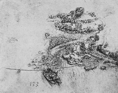 带有绳索渡轮的河流鸟瞰图，c1480 1945年 作者 达芬奇（Leonardo da Vinci）