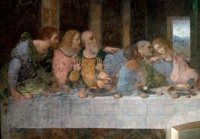 La Cene (Il Cenacolo (Ultima Cena)) 的细节从左到右代表使徒圣巴泰勒米、詹姆斯、阿尔菲、安德烈、犹大、彼得和约翰的儿子。 1495 - 1498. 达芬奇 (Leonardo da Vinci) 的壁画。 Santa Maria delle gra 食堂 作者 达芬奇（Leonardo da Vinci）