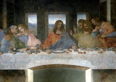 Cene (Il Cenacolo (Ultima Cena)) 的细节代表在左边的 Apoles 犹大、彼得和约翰、基督在中心和 Apoles 托马斯、少校詹姆斯和菲利普。 约翰和基督之间的字母 V 指的是圣杯或圣杯 作者 达芬奇（Leonardo da Vinci）