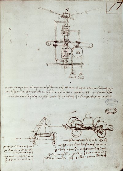 飞行器绘图。 莱昂纳多·达·芬奇 (Leonardo da Vinci) 手稿 作者 达芬奇（Leonardo da Vinci）