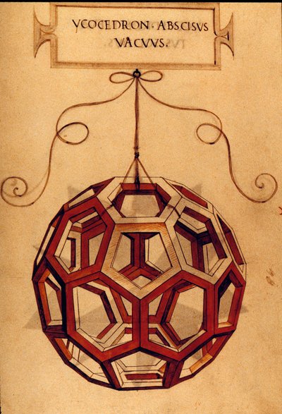 几何：“一个二十面体”页面取自数学家 Fra Luca Pacioli dit Luca di Borgo（1445-1517）的手稿“De divina ratioe”（论神圣比例），由列奥纳多·达·芬奇（1452-1519）绘制。 1509. 作者 达芬奇（Leonardo da Vinci）
