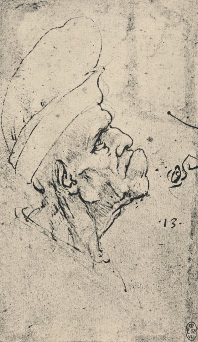 右戴帽子的男人的怪诞轮廓，c1480 1945年 作者 达芬奇（Leonardo da Vinci）