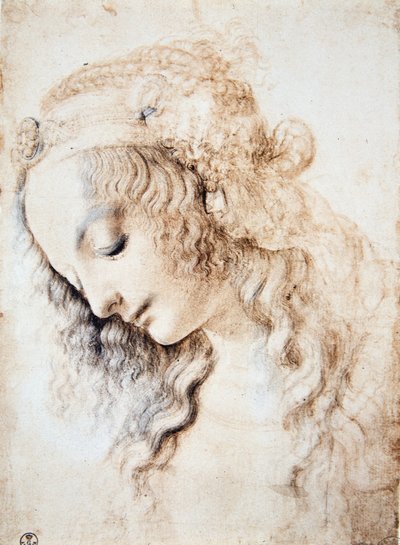 达芬奇（Leonardo da Vinci）（1452 - 1519）。一个女孩的肖像，闭着眼睛，低着头，头发上装饰着丰富的珠宝带（Immagina）。 作者 达芬奇（Leonardo da Vinci）
