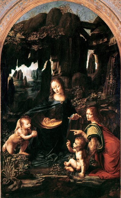 岩石上的圣母，约 1483-94 年（转印到画布上的油画板） 作者 达芬奇（Leonardo da Vinci）