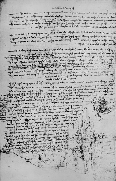 带有风景草图的文字页面，c1480 1945年 作者 达芬奇（Leonardo da Vinci）