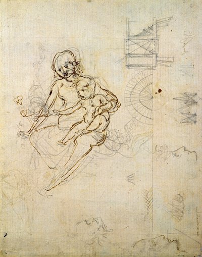 关于剖面和机器的处女和儿童以及头部的研究，c.1478-80（铅笔和墨水在纸上） 作者 达芬奇（Leonardo da Vinci）