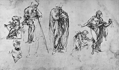 单一图形和轮廓的研究，c1480 1945 作者 达芬奇（Leonardo da Vinci）