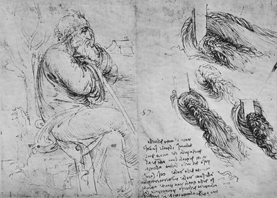 坐着的老人和旋流的研究，c1480 1945年 作者 达芬奇（Leonardo da Vinci）
