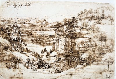 The first known drawing of Leonard de Vince (Leonardo da Vinci) (1452-1519), “” Landscape of Santa Maria della Neve””: the landscape of the valley of the Arno, near Florence. 作者 达芬奇（Leonardo da Vinci）