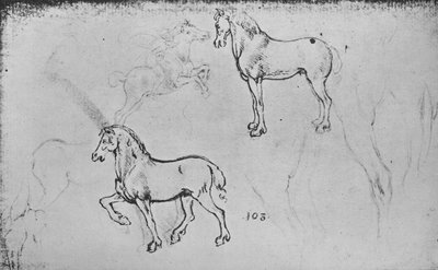 两项马术研究，一个奔马的骑兵和其他马腿，c1480 1945年 作者 达芬奇（Leonardo da Vinci）