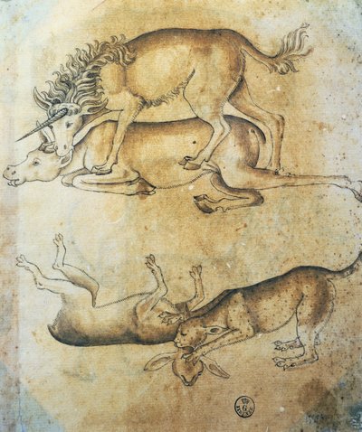 独角兽攻击牛和豹子攻击羊，动物研究，达芬奇（Leonardo da Vinci，1452-1519）绘制，绘画 作者 达芬奇（Leonardo da Vinci）
