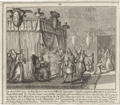 La mort de Pierre I le Grand, le 8 fevrier 1725 - 彼得大帝于1725年2月8日去世，作者是Schenk, Leonard (1696-1767)。铜版画 作者 伦纳德斯·申克