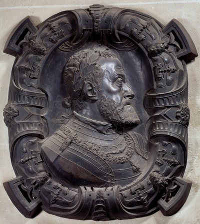 查理五世皇帝（1500-1558 年）的侧面肖像””Leone Leoni（1509-1590 年）雕刻的青铜浮雕。 巴黎，卢浮宫博物馆 作者 Leone Leoni