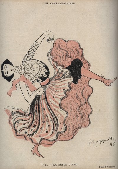 卡罗琳（La Belle）-奥特罗（1868-1965）的肖像，西班牙舞蹈家和歌妓--Leonetto Cappiello（1875-1942）在1898年的 "The Rire "中的绘画。 作者 莱昂内托·卡皮耶洛