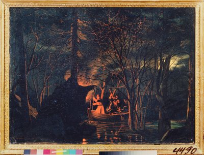用鱼叉夜钓。列昂尼德-伊万诺维奇-索洛马特金（1837-1883 年）的画作，布面油画 作者 列昂尼德·伊万诺维奇·索洛马特金