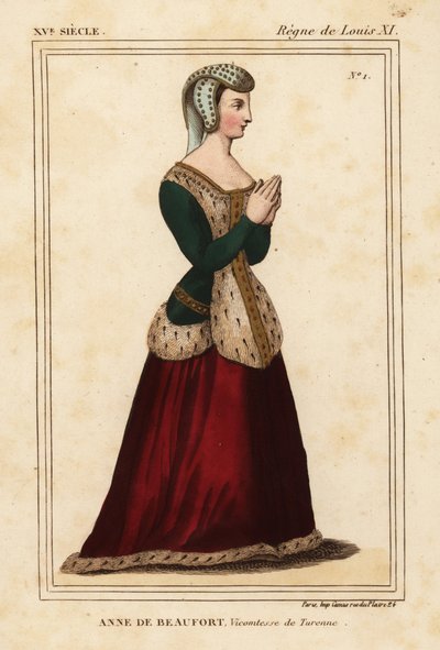 安妮·罗吉尔·德·博福特 (Anne Rogier de Beaufort)，蒂雷纳 (Turenne) 女伯爵，1435-1479 年。 罗杰·德·盖尼埃 (Roger de Gaignieres) 的作品集 VI 11 中，科德利埃·德·南特 (Cordelieres de Nantes) 教堂不锈钢玻璃窗后的手绘石版画，来自 Le Bibliophile Jacob 又名 Paul Lacroix 的《服装历史》 作者 利奥波德·马萨德（Leopold Massard）