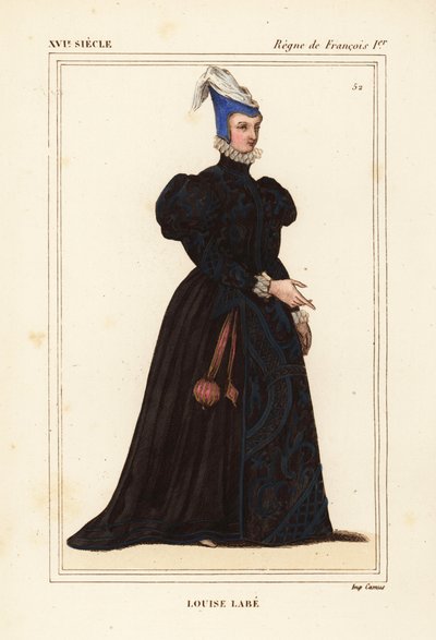 路易丝-拉贝（Louise Labe, La Belle Cordiere），法国诗人，1526-1566 年。音乐家、马术家、射箭手、击剑手和语言学家。根据 Roger de Gaignieres 的作品集 VIII 82 中的肖像绘制的手工彩色石版画，选自 Le Bibliophile Jacob 又名 Paul Lacroix 的《Costumes Historique de》。 作者 Leopold Massard