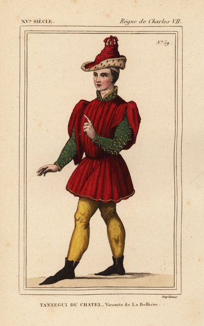 Tanneguy IV du Chatel，子爵 de la Belliere，布列塔尼公爵弗朗西斯二世的酒店总管，卒于 1477 年。根据罗杰-德-加涅耶作品集 VI 132 中描绘以斯帖和末底改的挂毯中的人物绘制的手工彩色石版画，选自《藏书家》。 作者 利奥波德·马萨德（Leopold Massard）