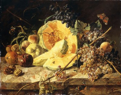 水果，坚果和昆虫静物画，1835年 作者 利奥波德·辛诺格