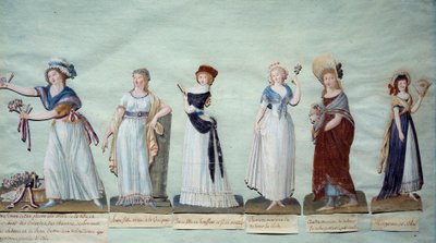在革命期间代表女性时尚的不同年轻女性。 Gouache des freres Lesueur (18 世纪) 巴黎，Musee Carnavalet 作者 莱索尔兄弟