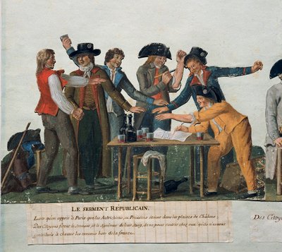French Revolution: “” The Republican oath: the citizens take an oath of their blood not to return home until they have driven the Austrians and Prussians out of France.” Gouache des freres Lesueur (18th century). 18th century. Paris. Carnavalet Museum 作者 莱索尔兄弟