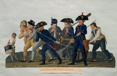 法国大革命：“年轻人要练习大炮””Lesueur 兄弟的版画（18 世纪）。 巴黎，卡纳瓦莱博物馆 作者 莱索尔兄弟