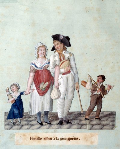 法国大革命：一个家庭去了guinguette。Gouache des Freres Lesueur (18世纪) 作者 莱索尔兄弟