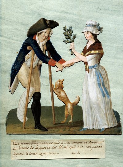 French Revolution: “” a young girl finds her promised wounds after the war and keeps her promise to marry her”” Gouache des brothers Lesueur (18th century). Paris Musee Carnavalet 作者 莱索尔兄弟