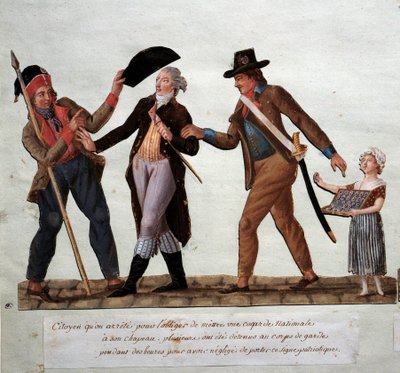法国大革命：“公民要求强迫他在他的帽子上戴上国民公鸡”” 水粉画 freres Lesueur（18 世纪）巴黎卡纳瓦莱博物馆 作者 莱索尔兄弟