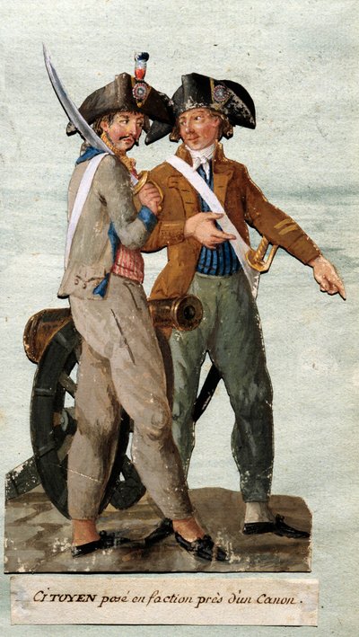 法国大革命。"公民在大炮附近摆出的派头"。Lesueur兄弟的水粉画。18世纪。卡纳瓦莱博物馆，巴黎 作者 莱索尔兄弟