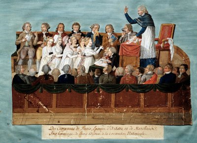 法国大革命。"巴黎市民向国民大会献上他们的珠宝" Illustration des Freres Lesueur（18世纪）。1792-1795.巴黎，卡纳瓦莱博物馆 - 英国大革命 - 巴黎市民向国民大会捐赠珠宝 作者 莱索尔兄弟