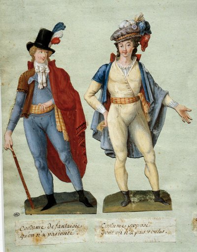 法国大革命：没有被模仿的幻想中的革命者的服装。Gouache des freres Lesueur (18世纪) 作者 莱索尔兄弟