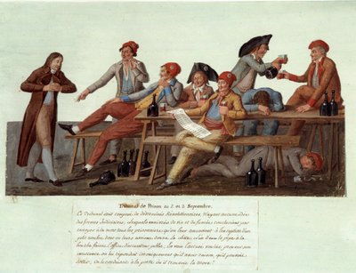 1789 年法国大革命：“9 月 2 日至 3 日的监狱法庭” 讽刺革命法庭的代表，其成员无权通过饮酒和吸烟来处理司法和审判案件。 自由水粉 作者 莱索尔兄弟
