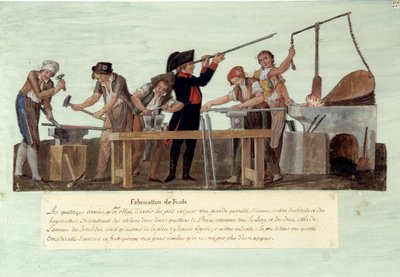 1789 年法国大革命：“步枪的制造” 铁匠制造武器的不同阶段。 自由水粉 作者 莱索尔兄弟