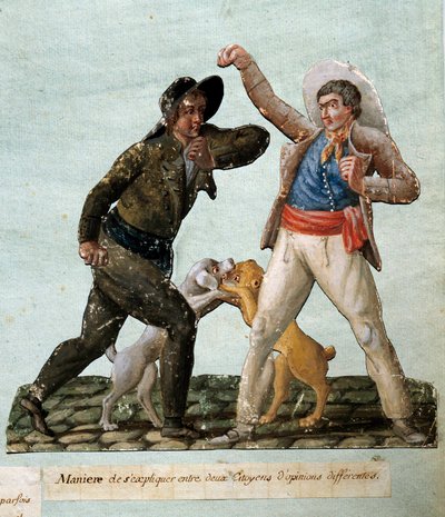 法国革命：两个公民在战斗。Gouache des freres Lesueur (18世纪) 作者 莱索尔兄弟