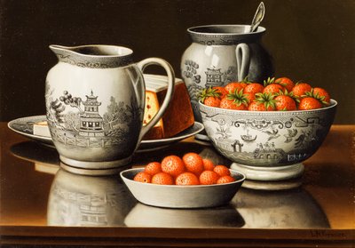 静物与瓷器和草莓 作者 列维·韦尔斯·普伦蒂斯（Levi Wells Prentice）
