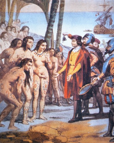 克里斯托弗·哥伦布于 1492 年登陆新大陆，受到泰诺印第安人的欢迎（彩色石版画） 作者 未知未知