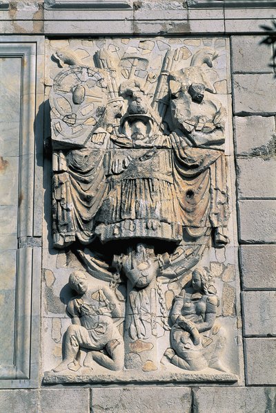 墙上的雕塑特写，Trophee Des Alpes, La Turbie, Provence-Alpes-Cote D