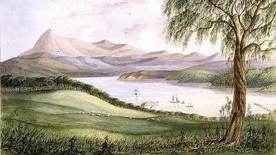 新南威尔士州双鱼湾，约1860年（水彩）。 作者 Lieutenant George Austin Woods