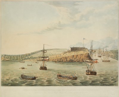袭击美国北部安大略湖的奥斯威戈堡。 1814年5月6日，正午，以及第二营皇家海军陆战队和海员一行闯入奥斯威戈堡，午夜十二时十五分15m，由R. Havell雕刻，1815年 作者 休伊特中尉