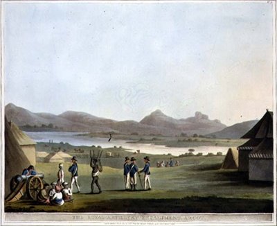 阿科特的皇家炮兵营，板块21来自《迈索尔王国的风景画》，由哈拉登雕刻，由爱德华-奥姆（1774-1820）出版，1804年（水印）。 作者 Lieutenant James (after) Hunter