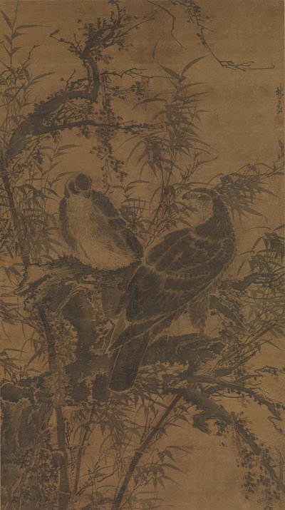 灌木丛中的两只鹰，15世纪中期。 作者 林亮