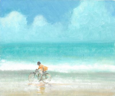 自行车上的男孩，2015年（帆布上的丙烯酸）。 作者 林肯·塞利格曼