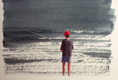 亨利钓鱼，阿尔卑斯山，1990年（纸上丙烯酸） 作者 林肯·塞利格曼