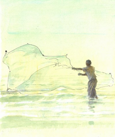 Lone Fisherman 2,2015（笔和墨水在纸上用wc） 作者 林肯·塞利格曼